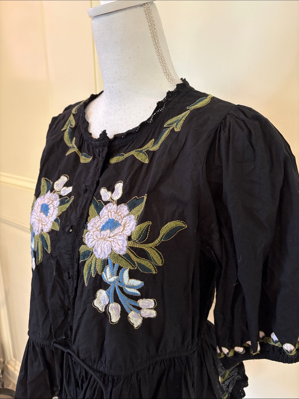 Black Floral Cotton Embroidered Peplum Blouse - Picture 5 of 9